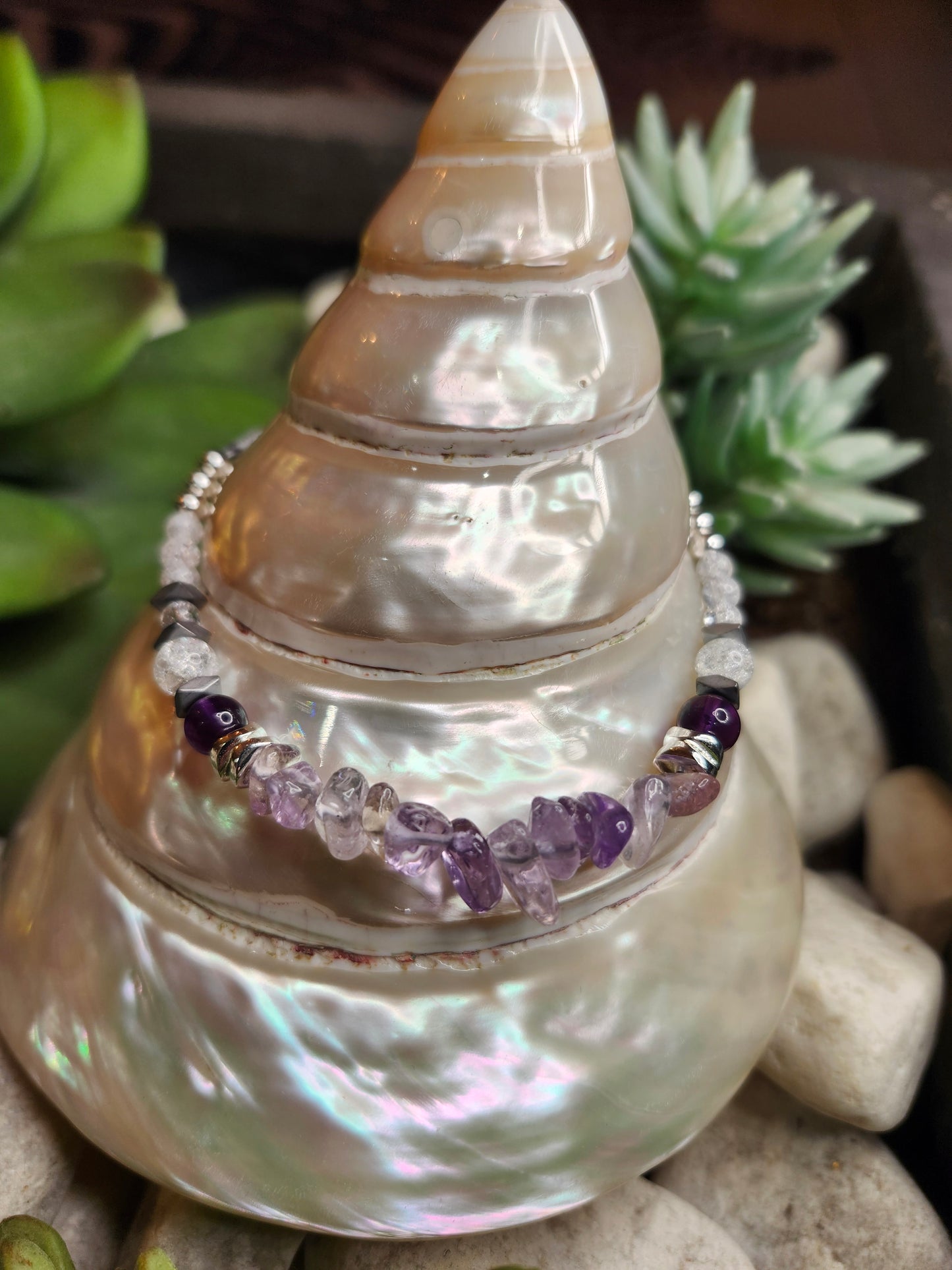 Bracelet ref 83 : Cordon réglable Amétrine, Améthyste, Cristal de roche, Hématite