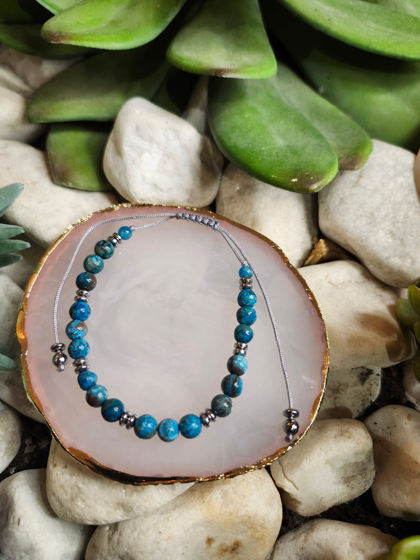 Bracelet ref 87 : Cordon réglable Jaspe bleue et hématite