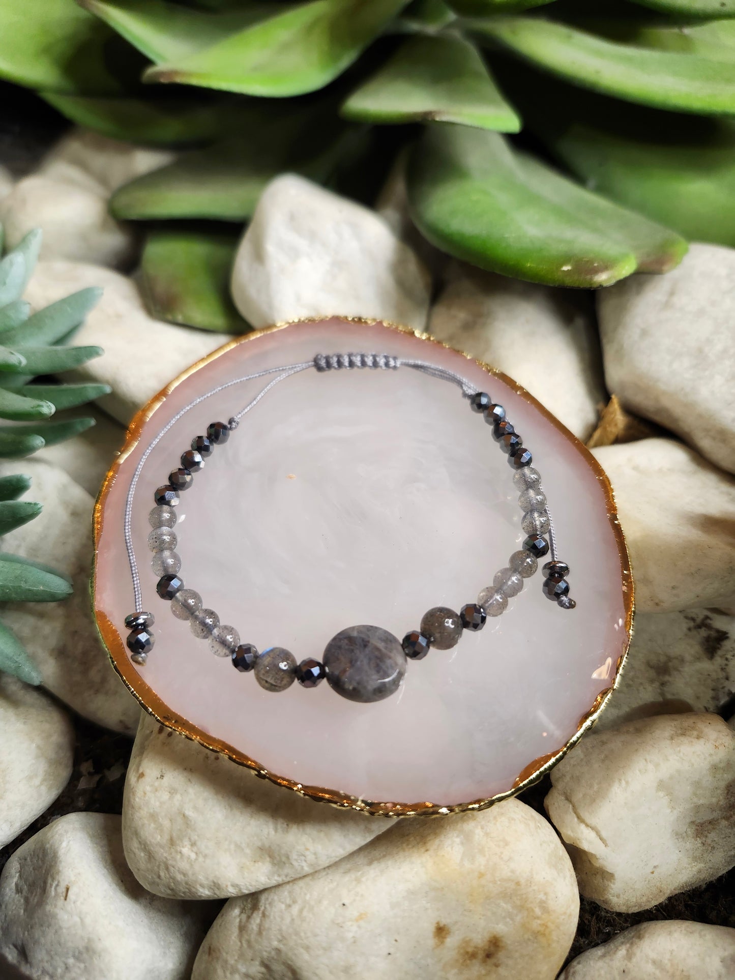 Bracelet ref 96 : Cordon réglable Labradorite, Silicium et Hématite