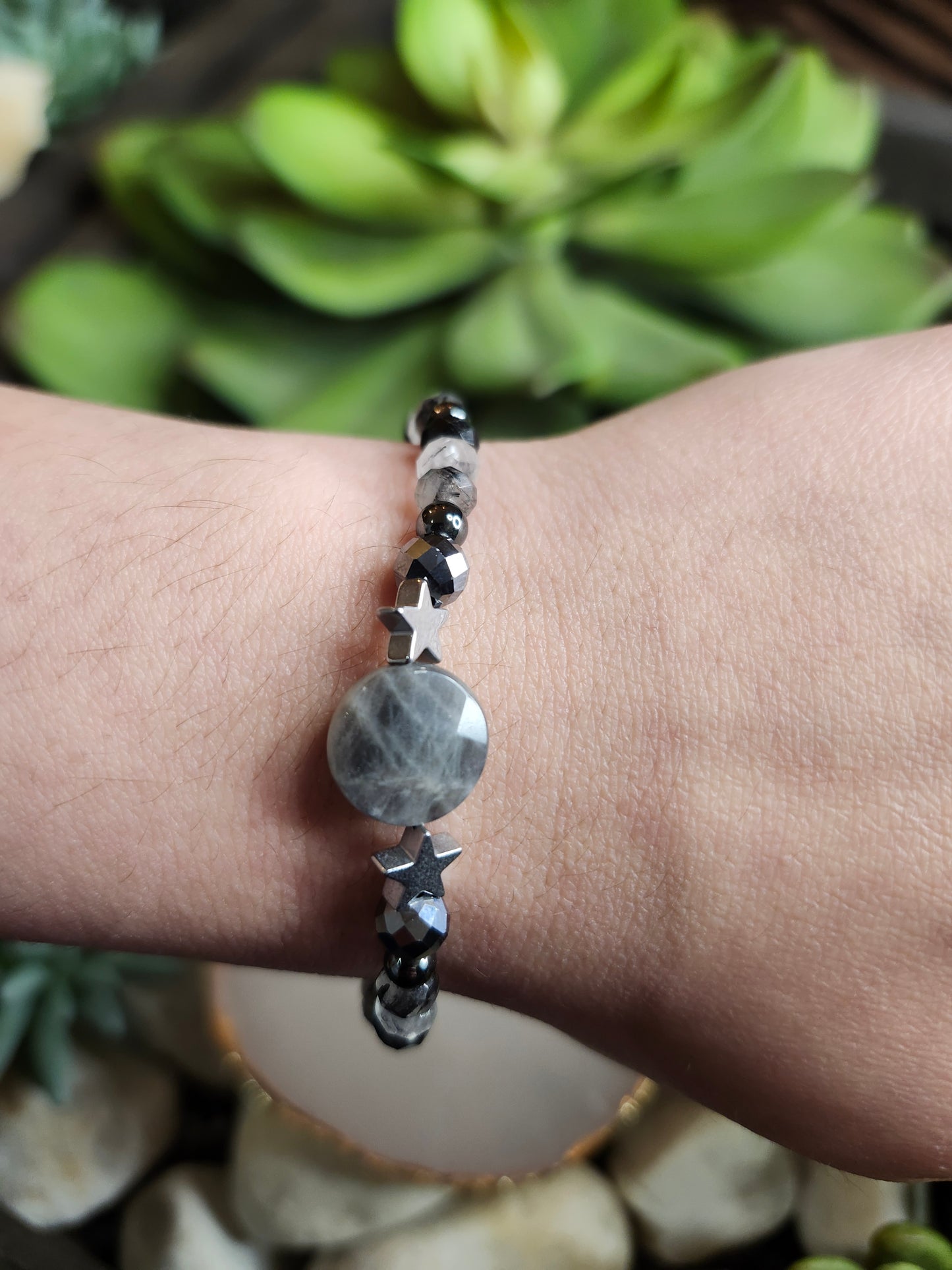 Bracelet ref 98 : Cordon réglable Labradorite, Tourmaline et Hématite