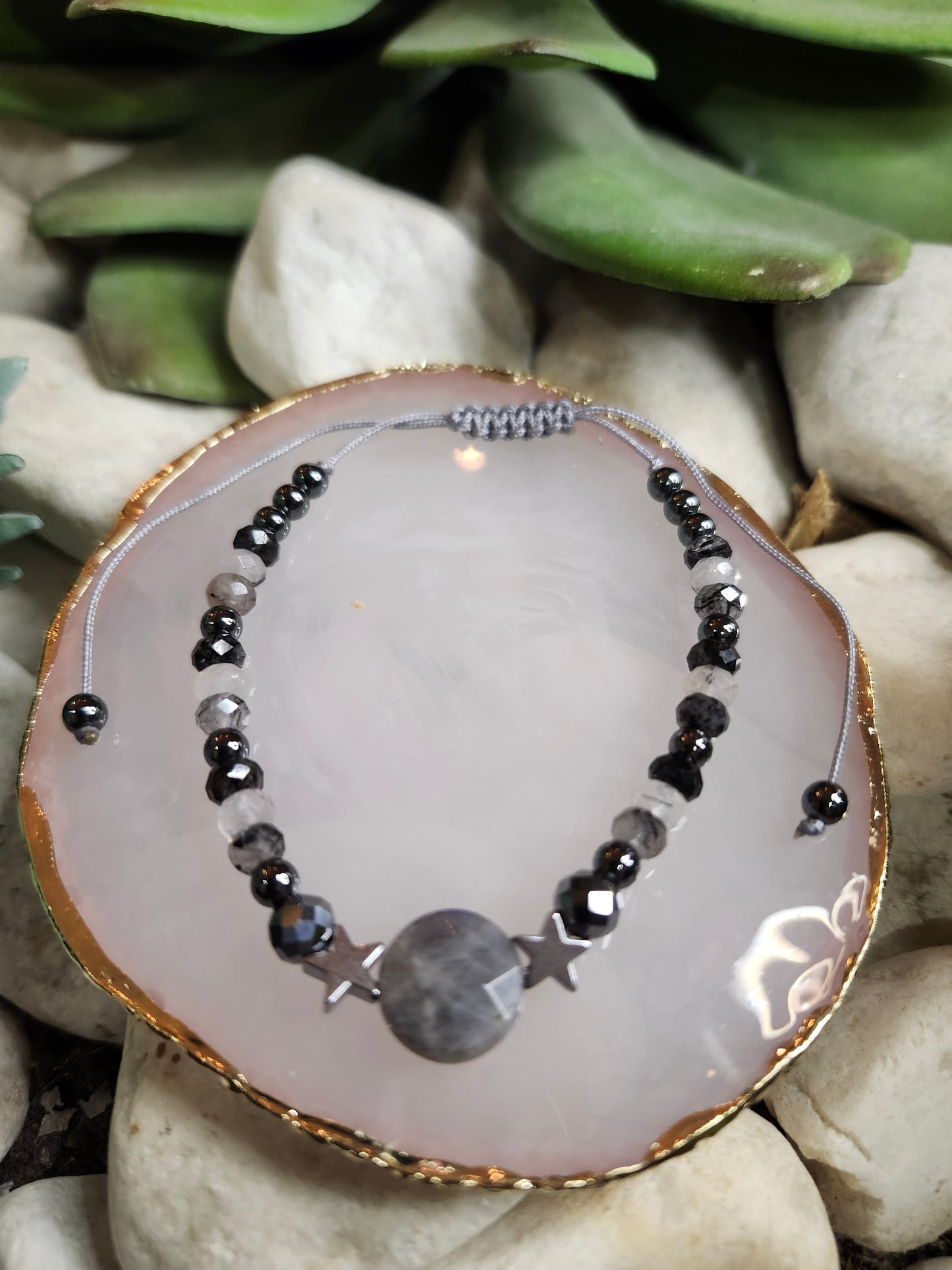 Bracelet ref 98 : Cordon réglable Labradorite, Tourmaline et Hématite