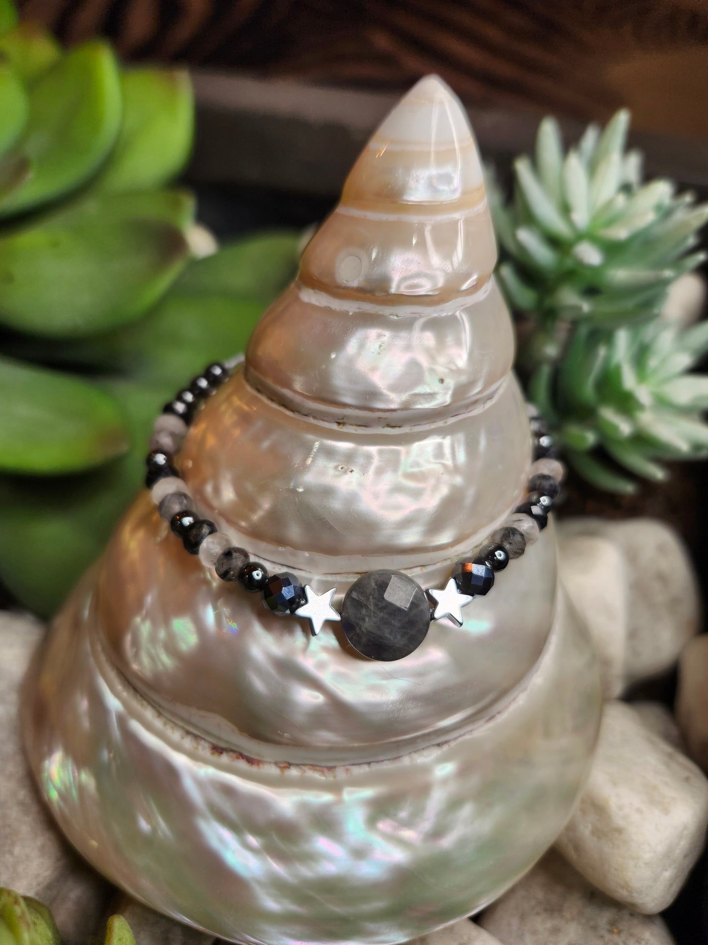 Bracelet ref 98 : Cordon réglable Labradorite, Tourmaline et Hématite
