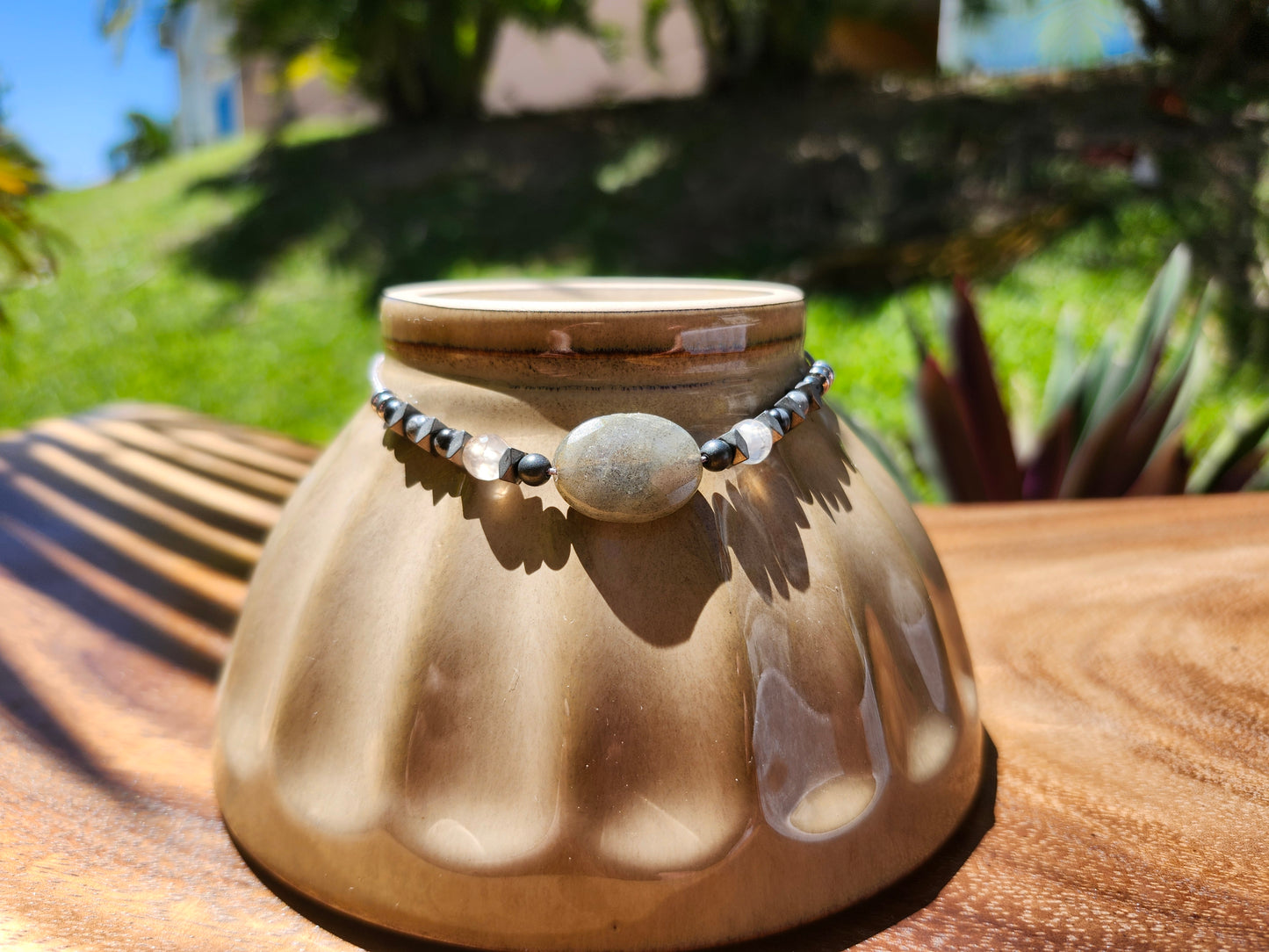 Bracelet réf. 16 : cordon réglable Labradorite, Agate et Obsidienne