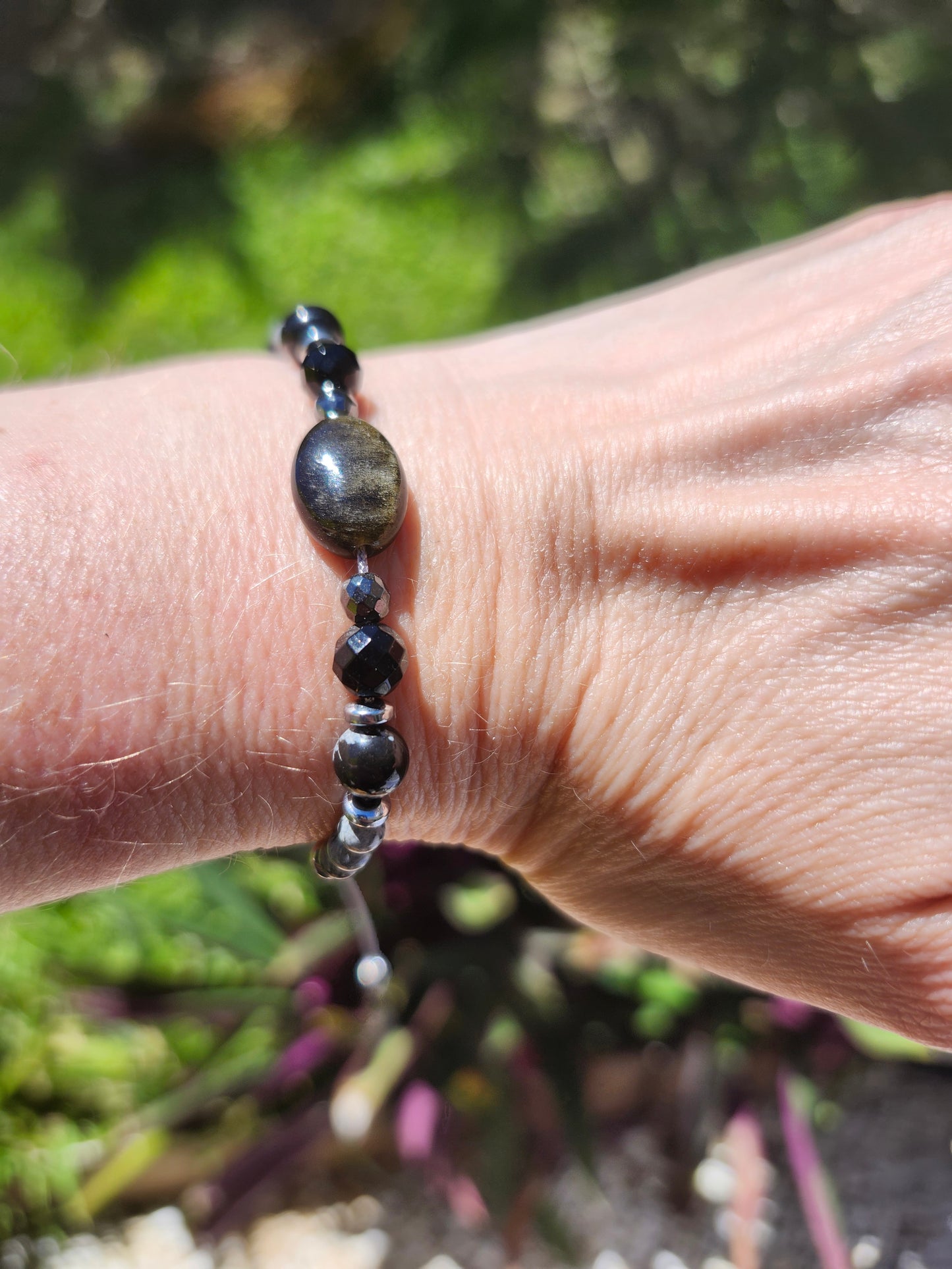 Bracelet réf. 28 : cordon réglable Obsidienne doré et Flocon neige