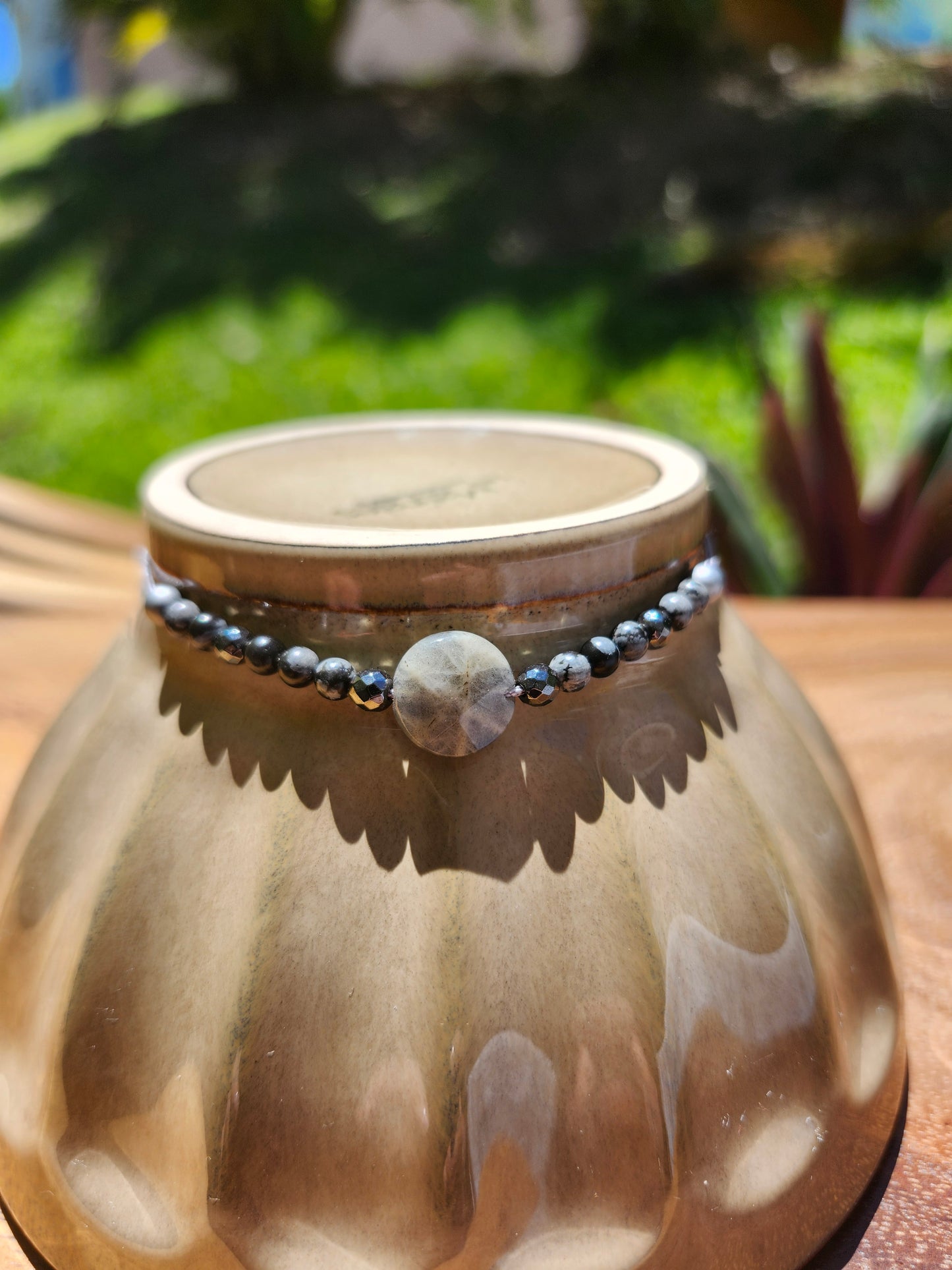 Bracelet réf. 27 : cordon réglable Labradorite, Obsidienne et Flocon neige
