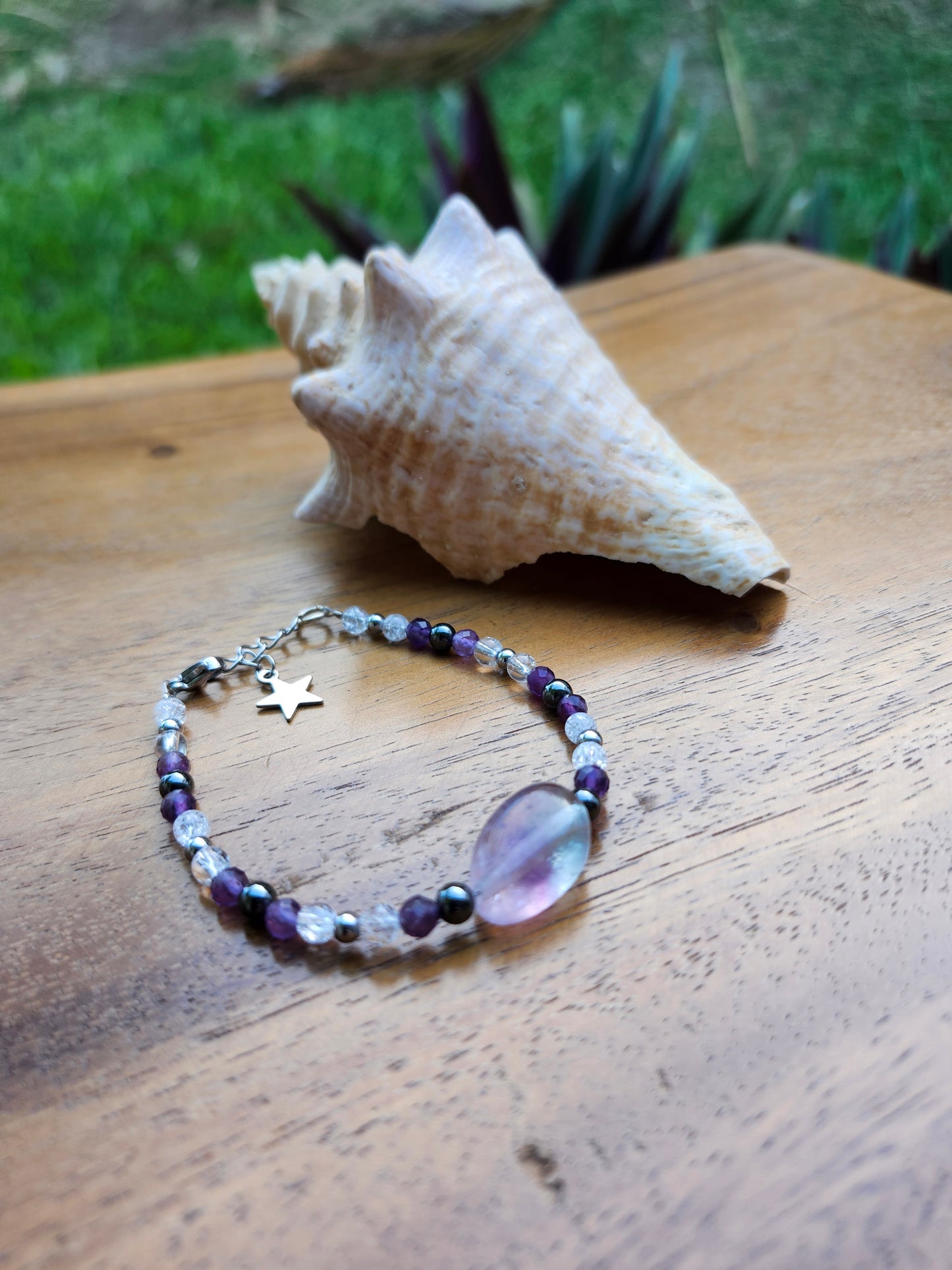 Bracelet réf. 3 : Pierres Améthyste, Cristal de roche et Fluorite