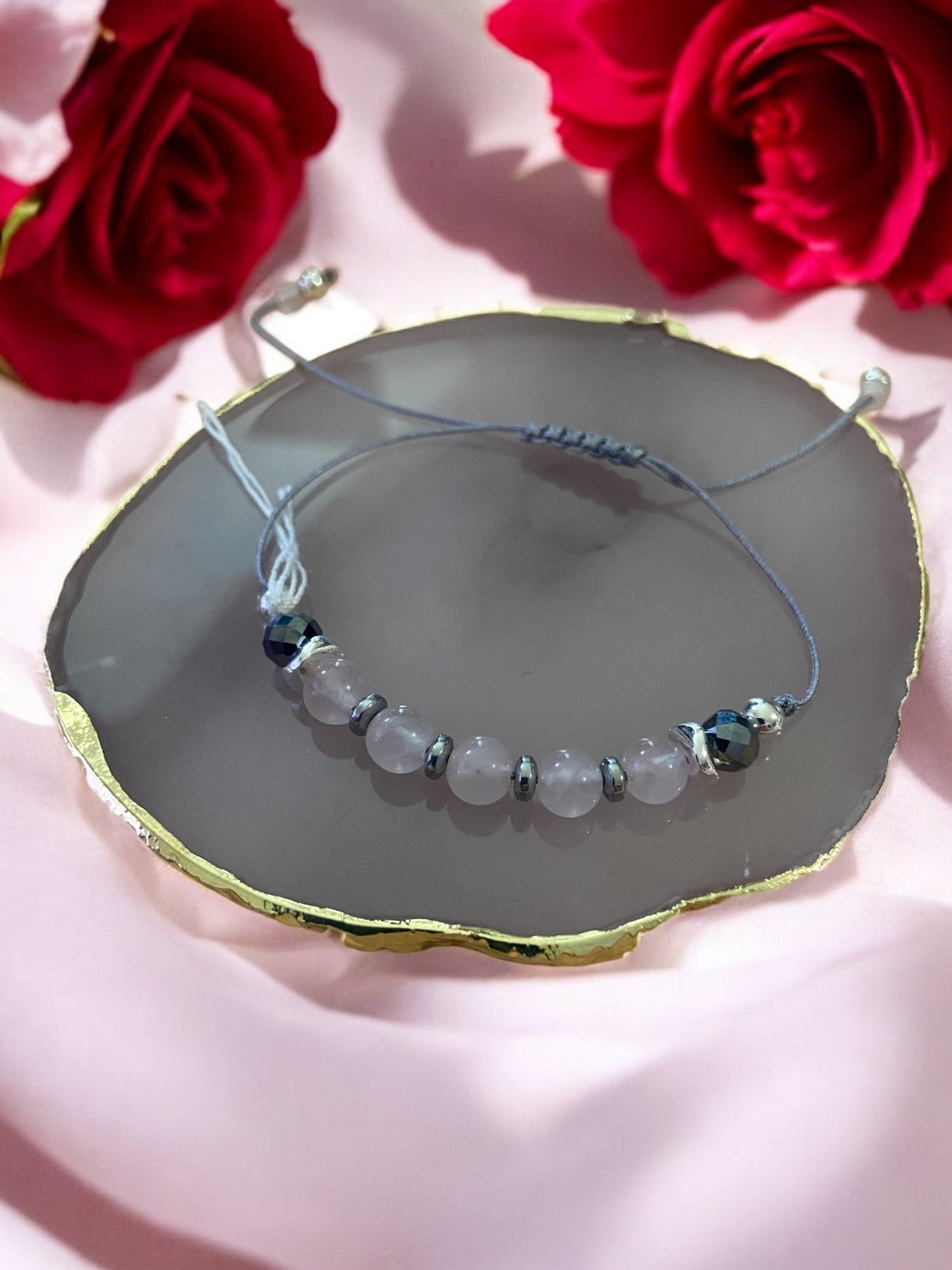 Bracelet réf. 9 : Cordon réglable Quartz rose et Silicium