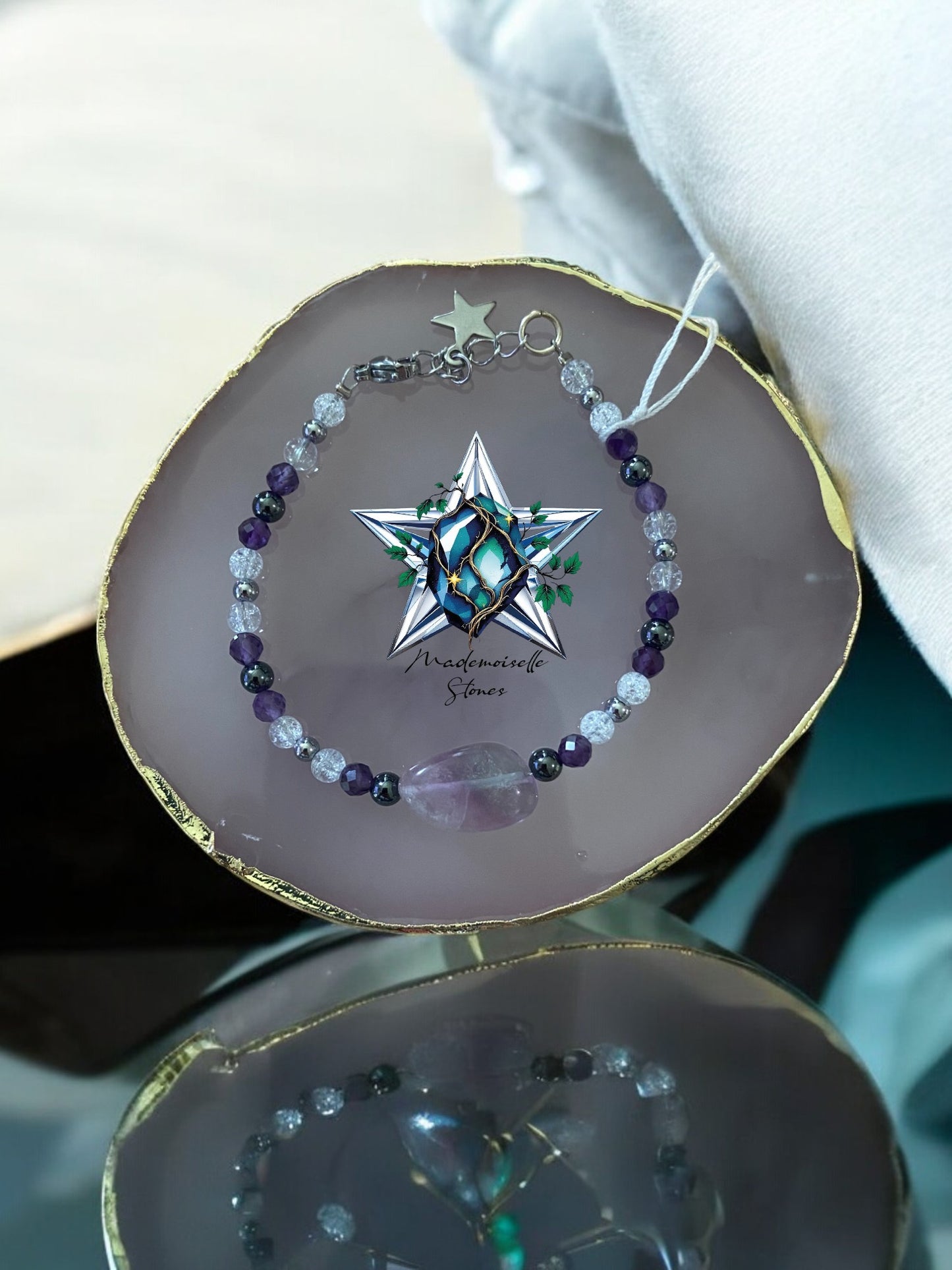 Bracelet réf. 3 : Pierres Améthyste, Cristal de roche et Fluorite