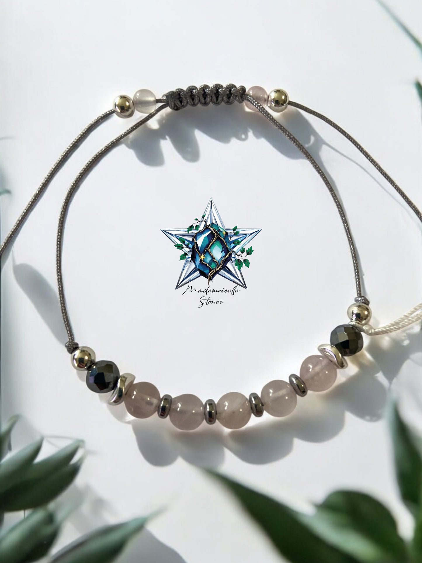 Bracelet réf. 9 : Cordon réglable Quartz rose et Silicium