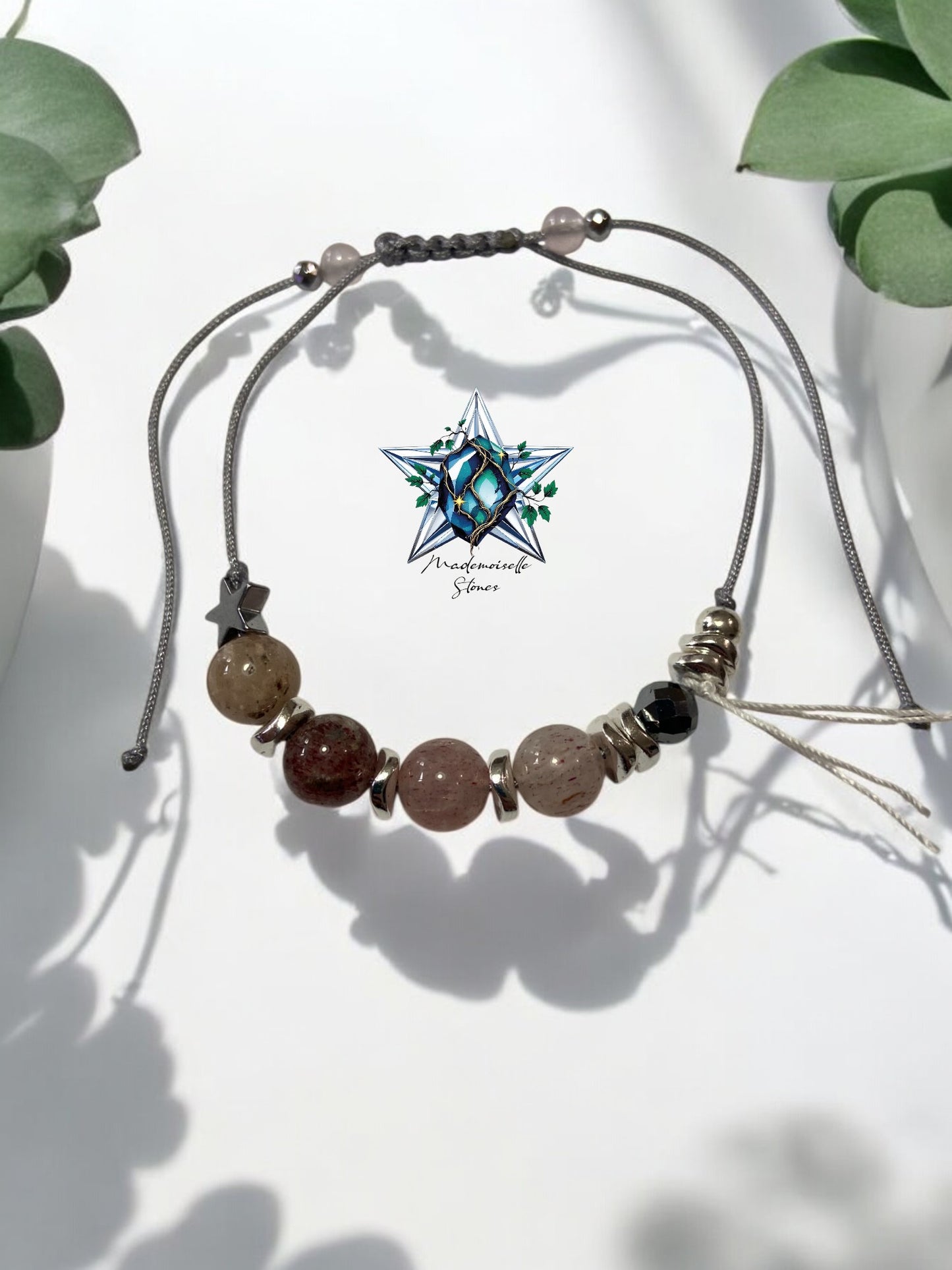 Bracelet réf. 8 : cordon réglable Quartz fraise et Hématite