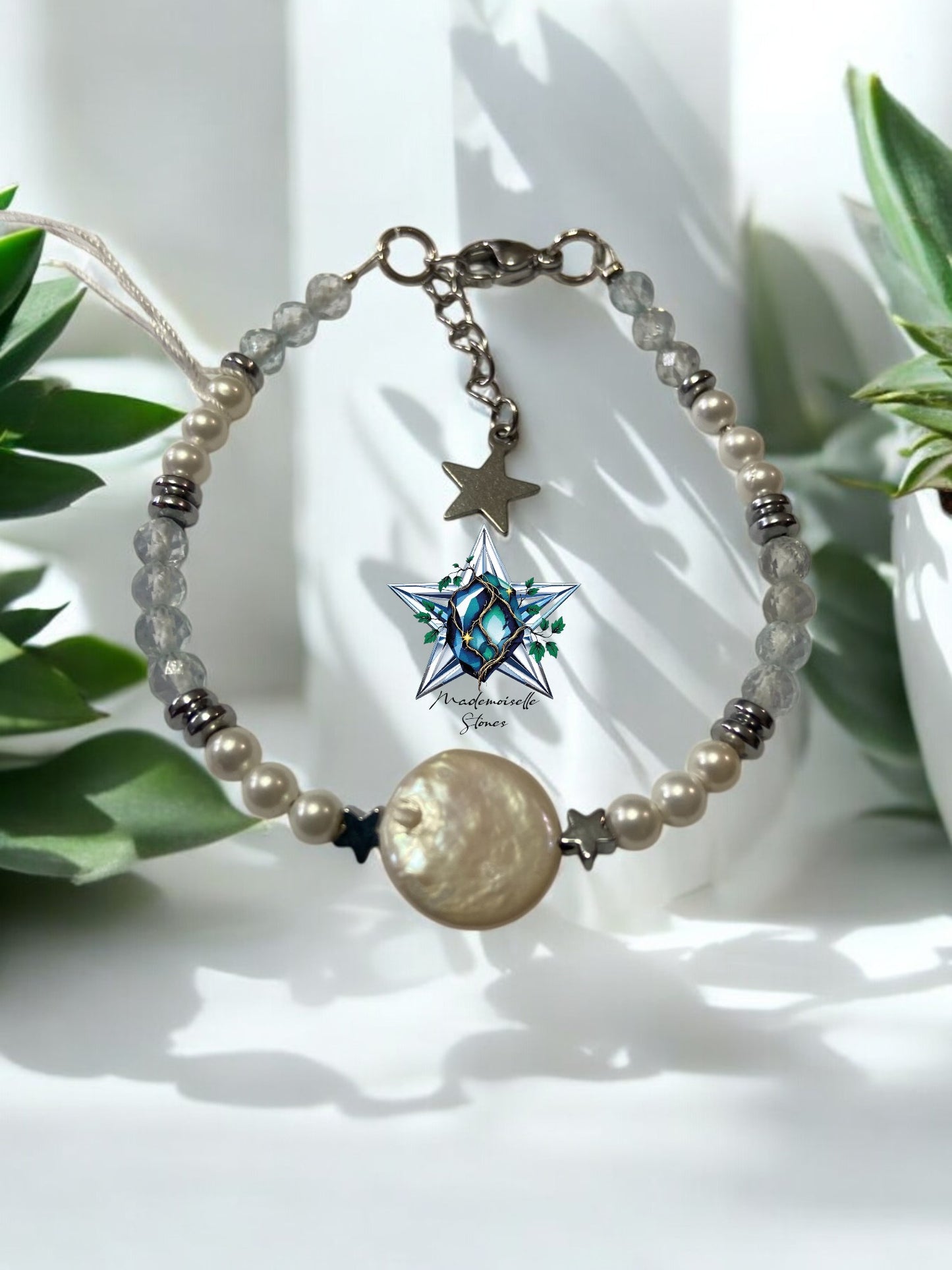 Bracelet réf. 6 : Pierres Quartz rose, Nacre et Cristal de roche
