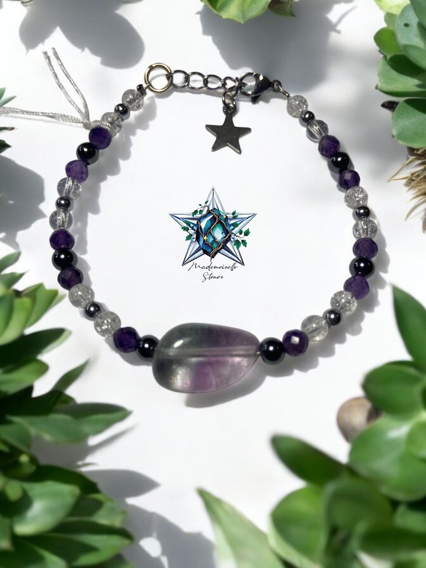 Bracelet réf. 3 : Pierres Améthyste, Cristal de roche et Fluorite
