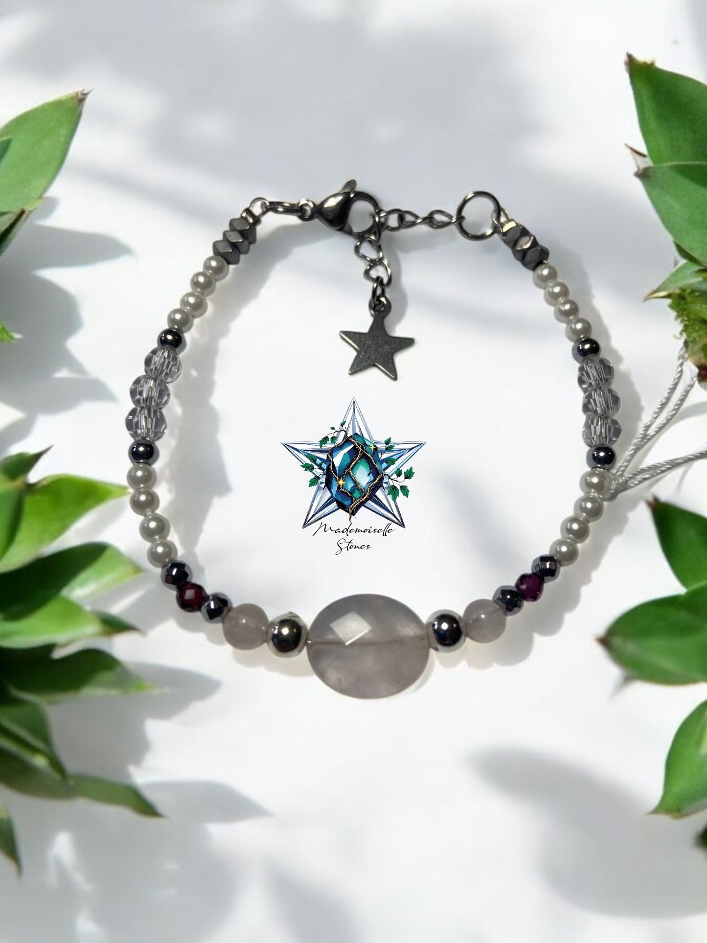 Bracelets réf. 2 : Pierres Cristal de roche, de Quartz rose et de Grenat