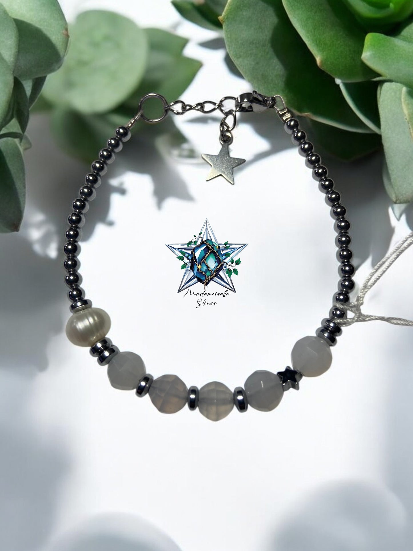 Bracelets réf. 1 : Pierres Calcédoine, Nacre et Hématite