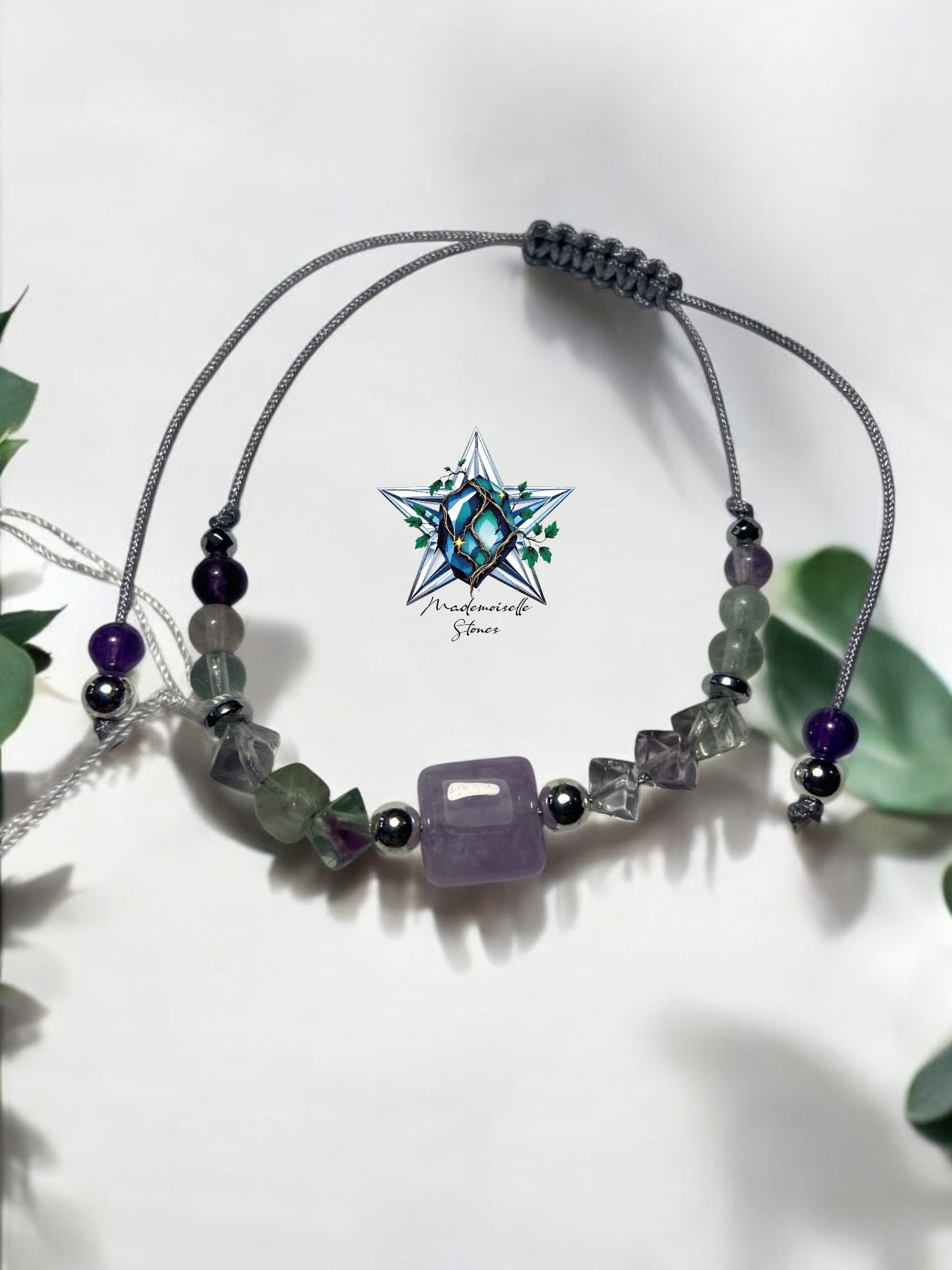 Bracelet réf. 11 : cordon réglable Améthyste et Fluorite