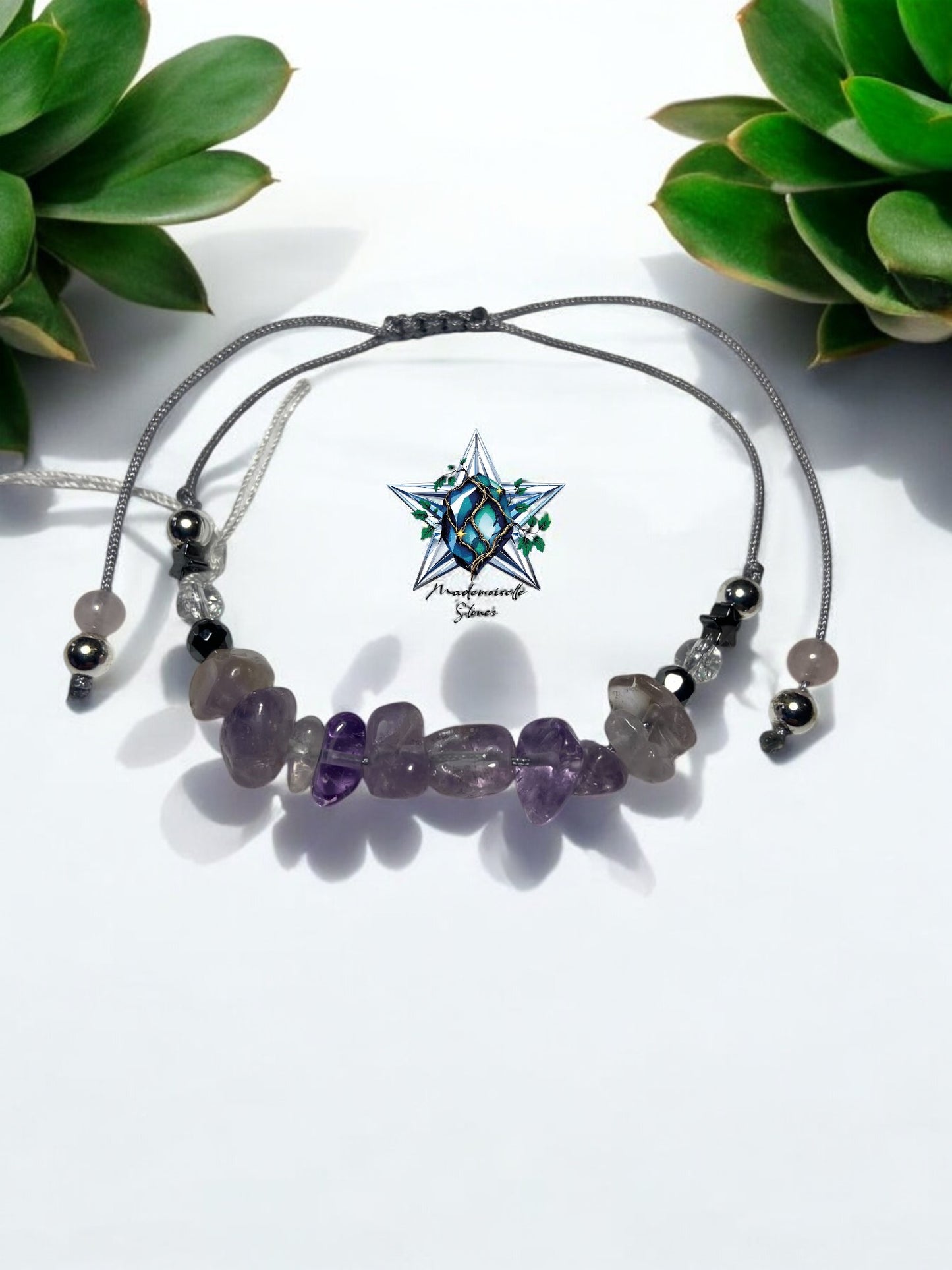 Bracelet réf. 13 : cordon réglable Améthyste et Cristal de roche