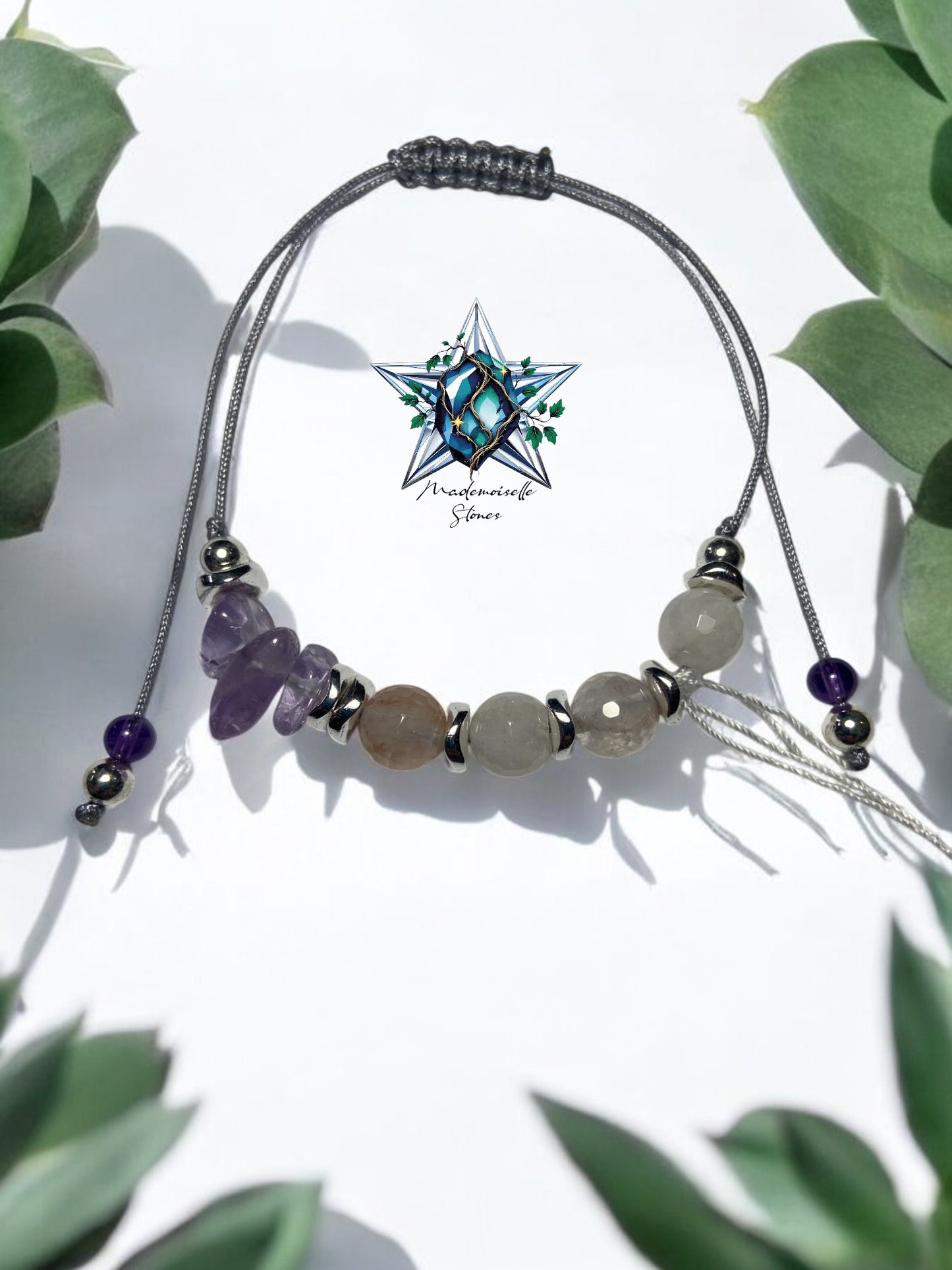 Bracelet réf. 12 : cordon réglable Améthyste et Quartz Fraise
