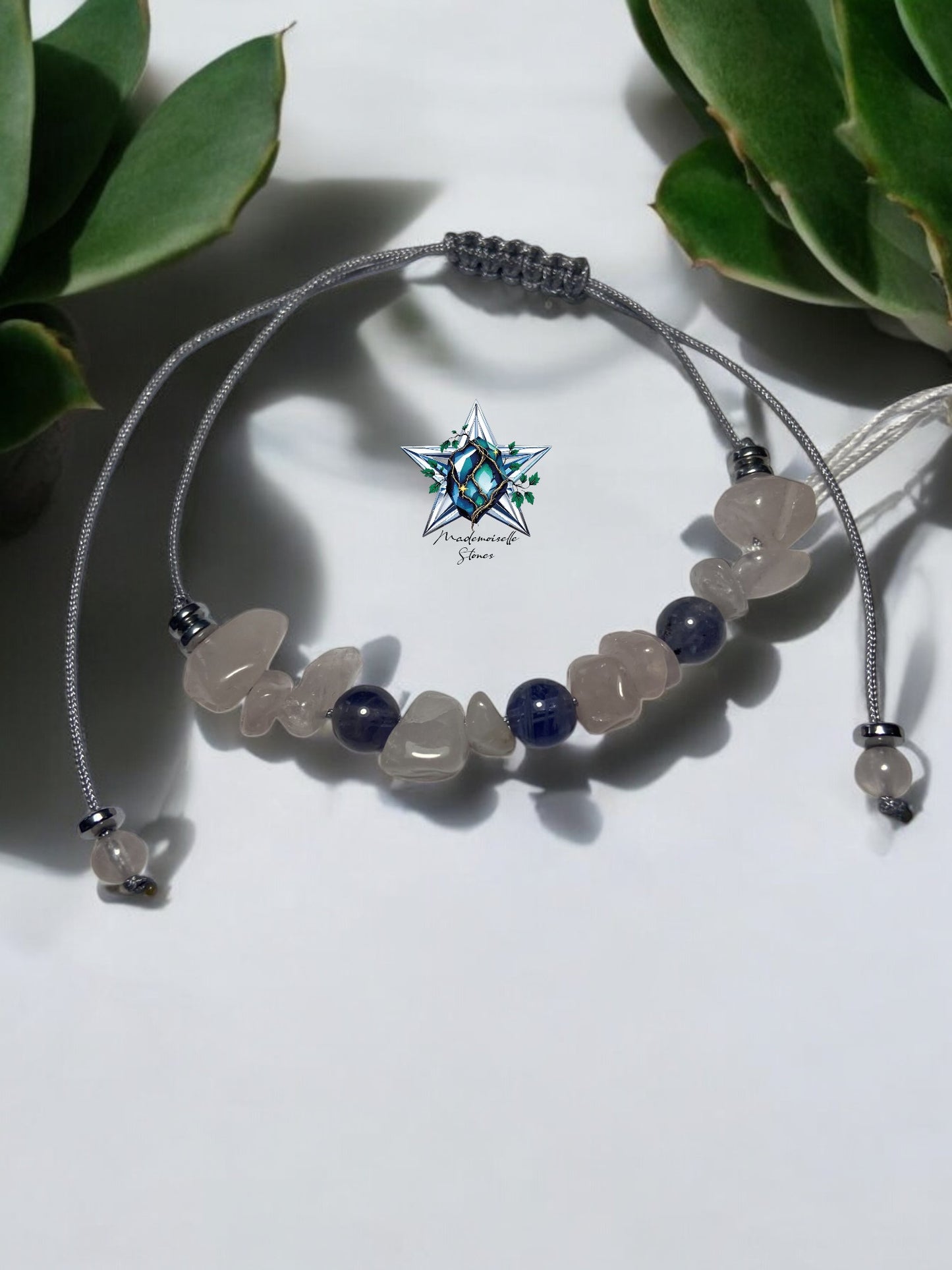 Bracelet réf. 15 : cordon réglable Quartz rose et iolite
