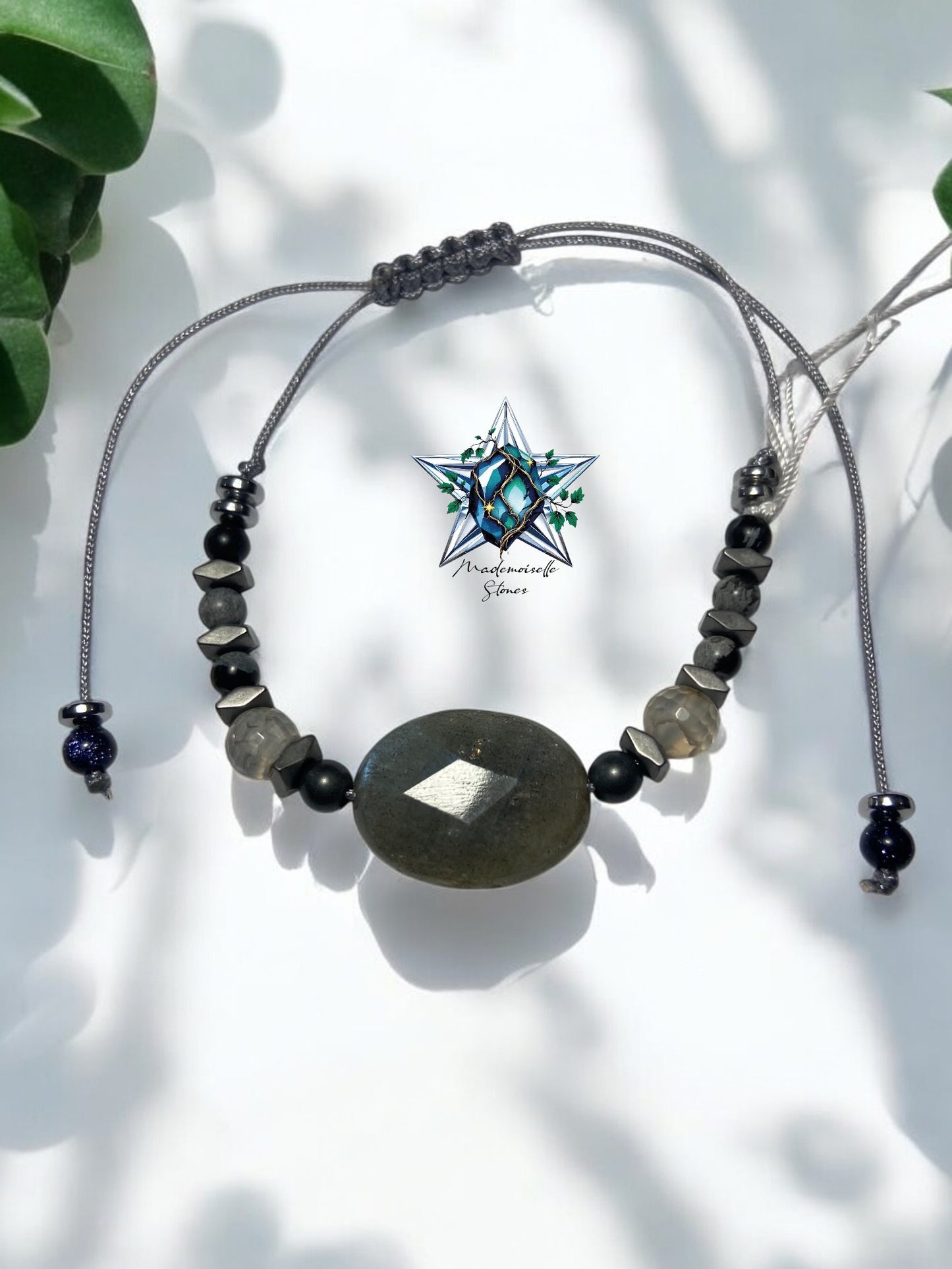 Bracelet réf. 16 : cordon réglable Labradorite, Agate et Obsidienne