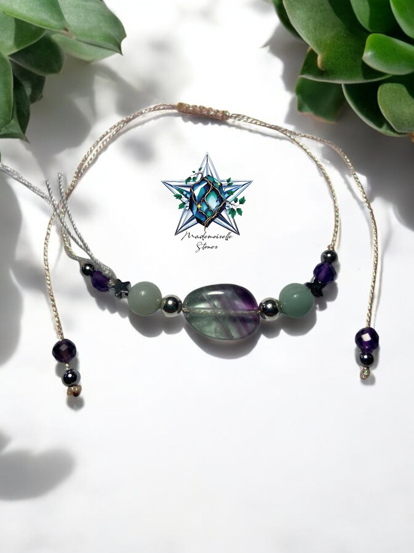 Bracelet réf. 17 : cordon réglable Fluorite, Amazonite et Améthyste