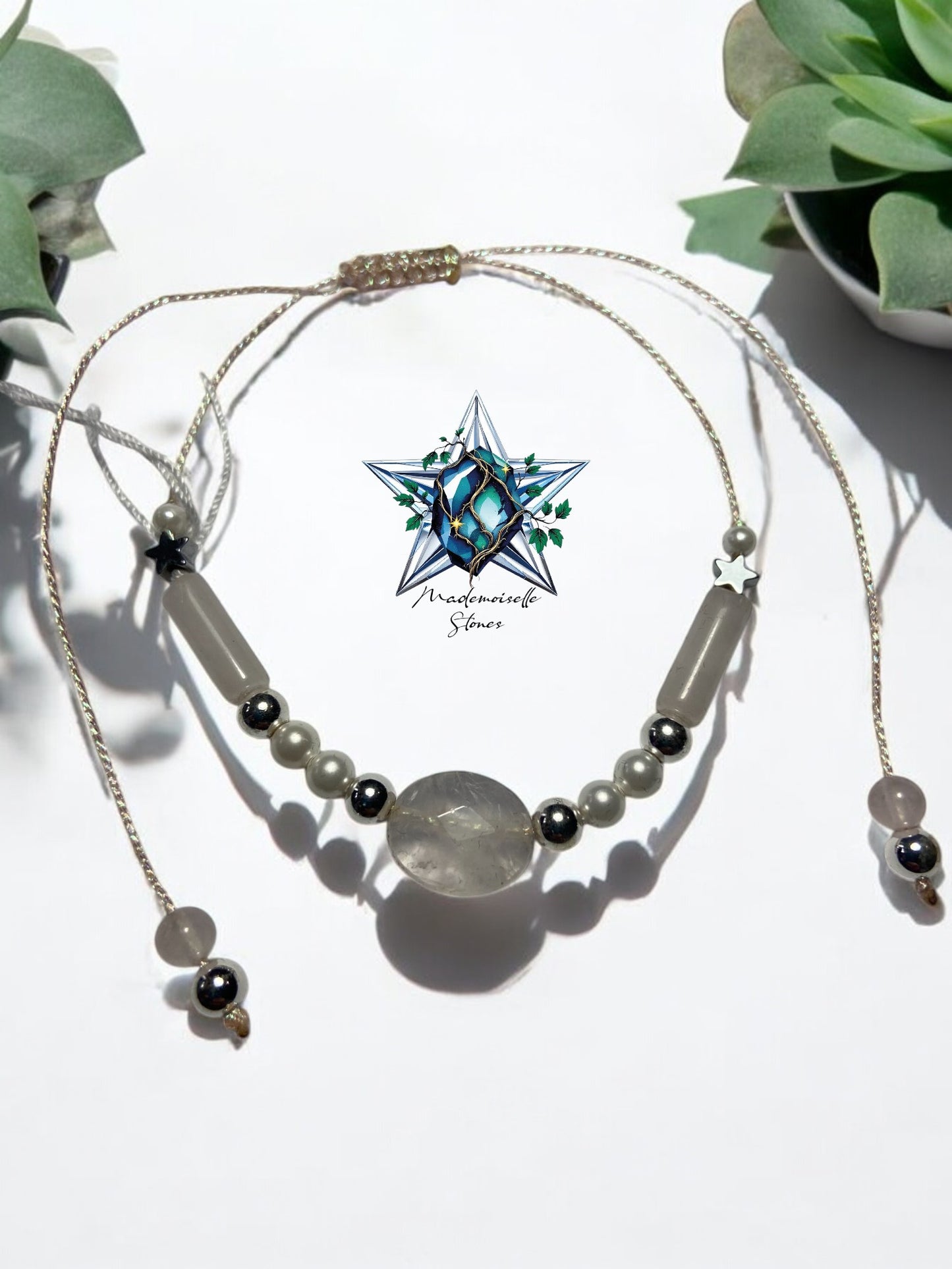 Bracelet réf. 18 : cordon réglable Quartz rose et Nacre