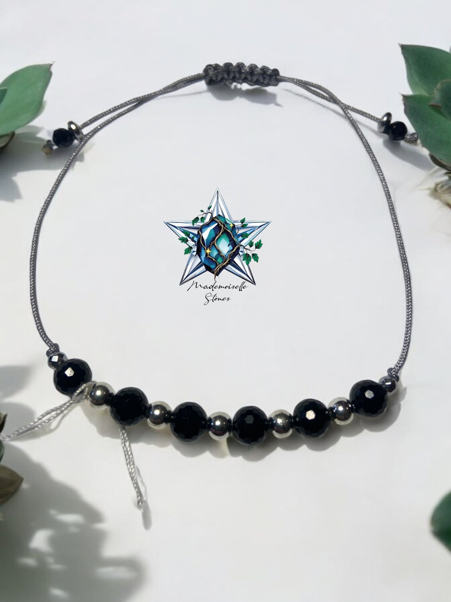 Bracelet réf. 22 : cordon réglable Tourmaline noir et Hématite
