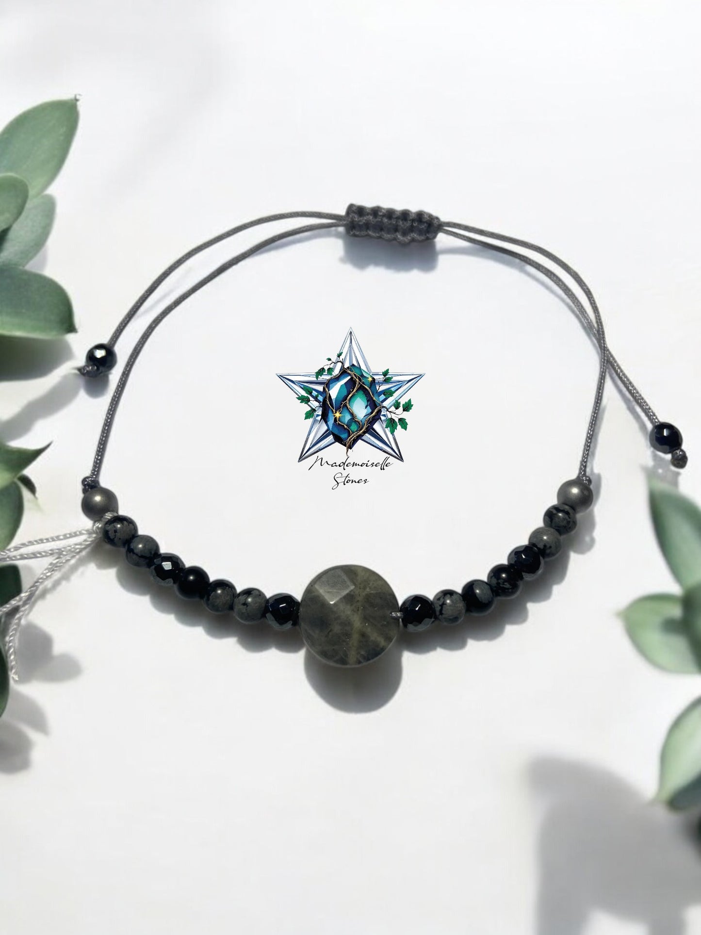 Bracelet réf. 27 : cordon réglable Labradorite, Obsidienne et Flocon neige