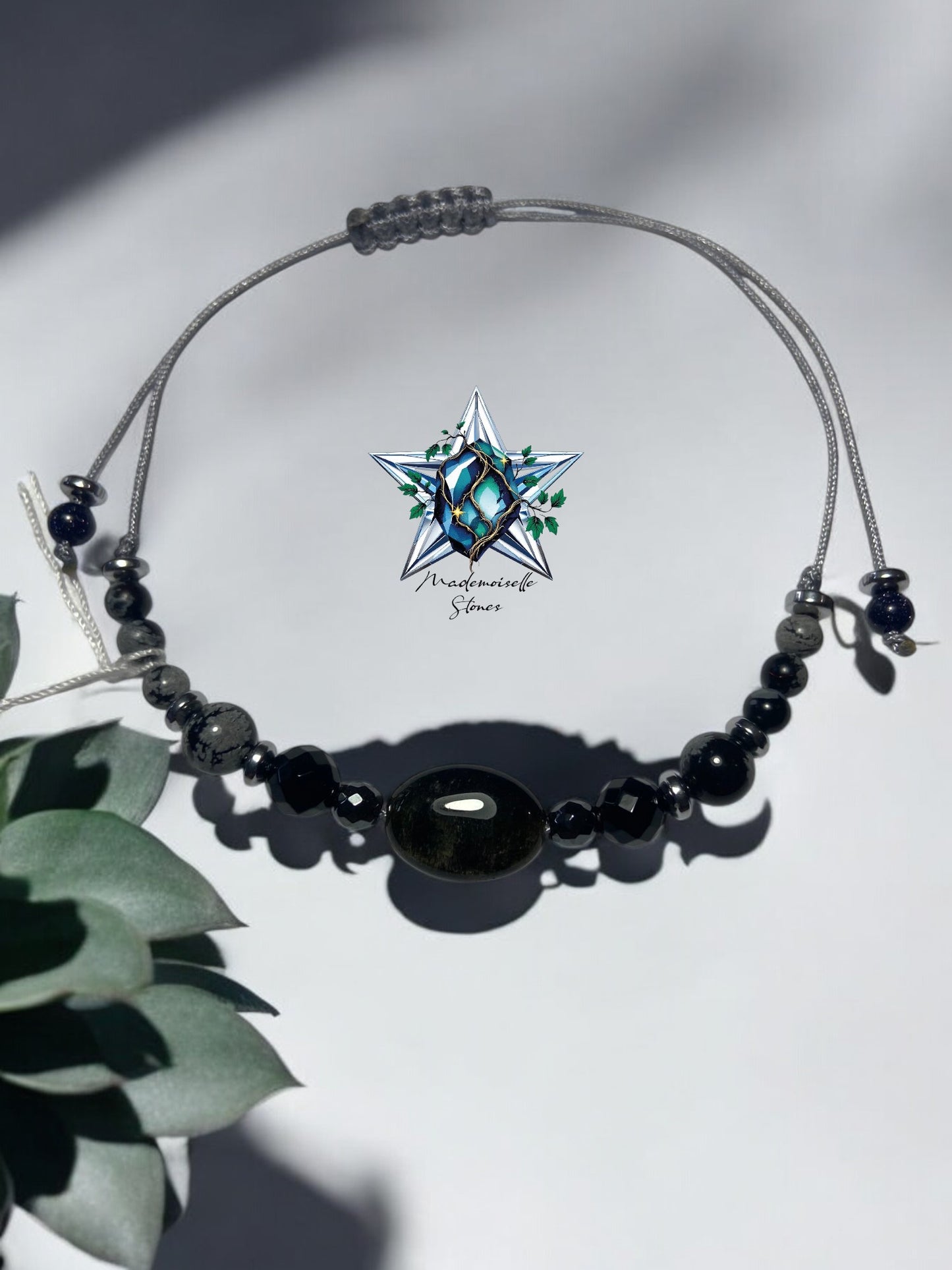 Bracelet réf. 28 : cordon réglable Obsidienne doré et Flocon neige