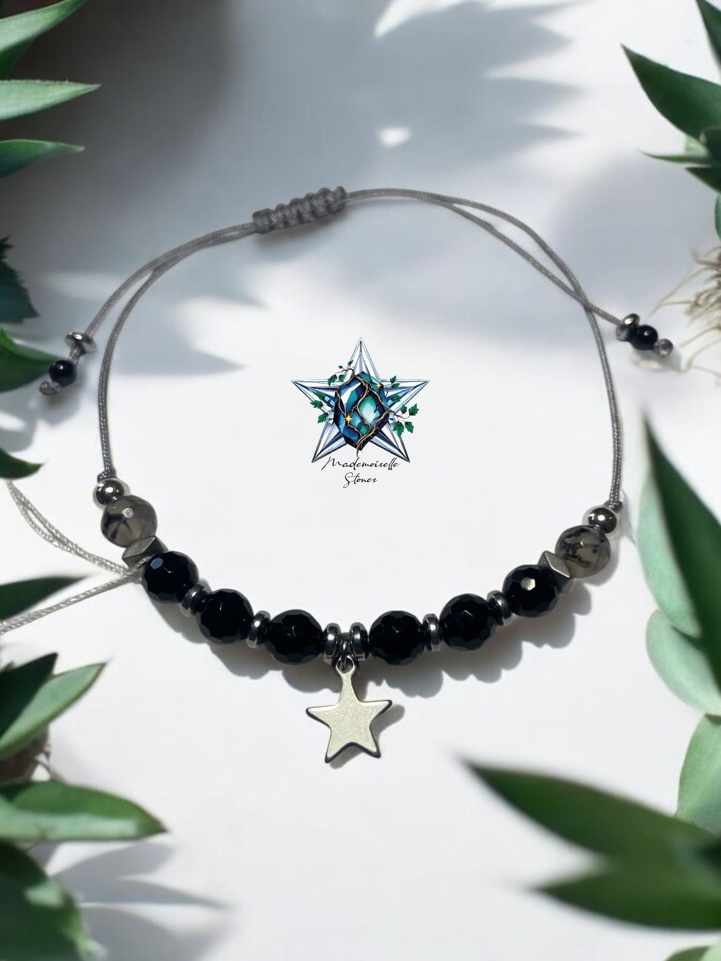 Bracelet réf. 30 : cordon réglable Agathe veine dragon et Onyx