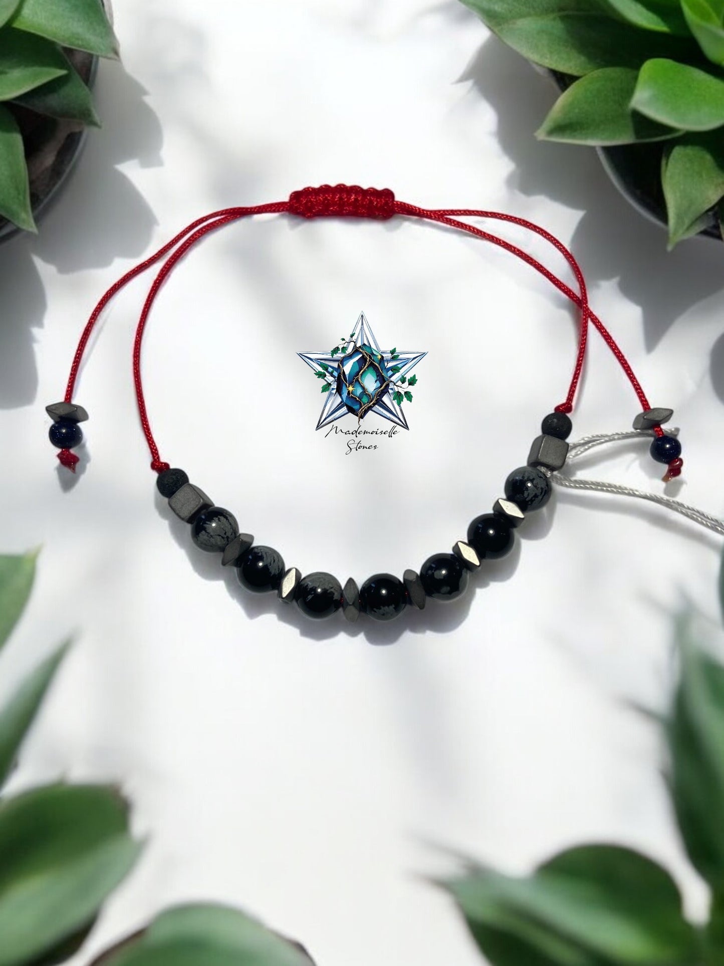 Bracelet réf. 33 : cordon réglable Obsidienne Flocon de neige