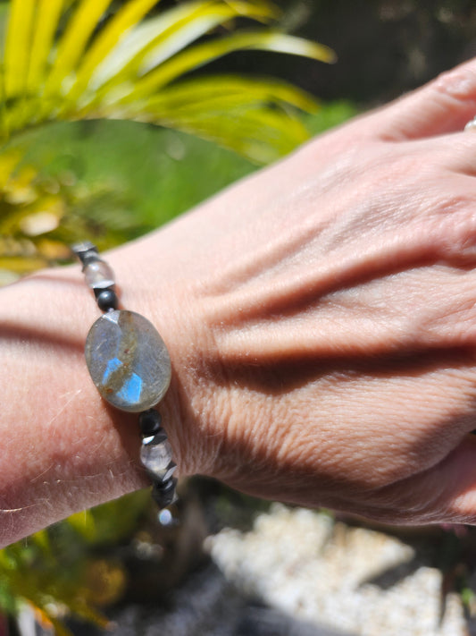 Bracelet réf. 16 : cordon réglable Labradorite, Agate et Obsidienne