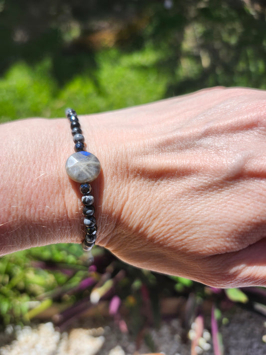 Bracelet réf. 27 : cordon réglable Labradorite, Obsidienne et Flocon neige