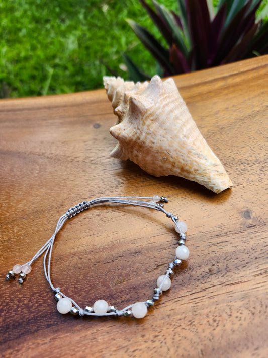 Bracelet ref 45 : Cordon réglable Quartz rose et Hématite