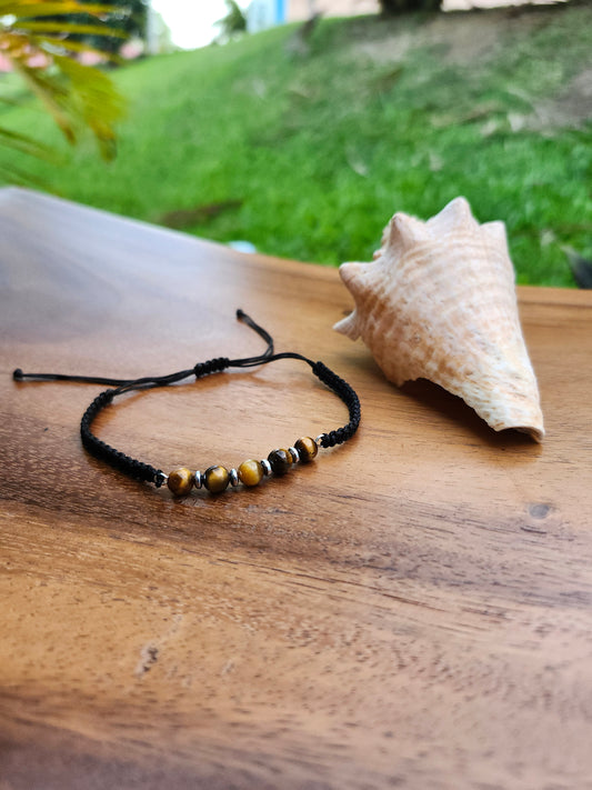 Bracelet ref 56 : Cordon réglable œil de tigre marron clair et hématite sur cordon tressé noir
