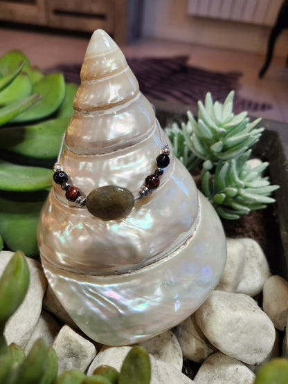 Bracelet ref 61 : Cordon réglable Labradorite œil de tigre et hématite