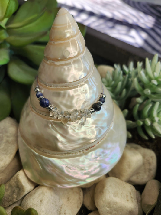 Bracelet ref 76 : Cordon réglable Iolite, quartz rose et hématite