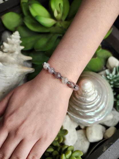 Bracelet ref 78 : Cordon réglable quartz fraise, Cristal de roche, Hématite