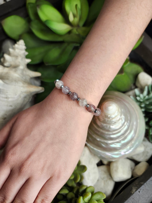 Bracelet ref 78 : Cordon réglable quartz fraise, Cristal de roche, Hématite