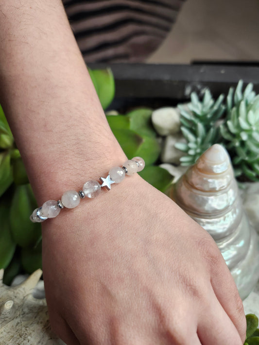 Bracelet ref 79 : Cordon réglable Quartz fraise, Quartz rose, cristal de roche et Hématite