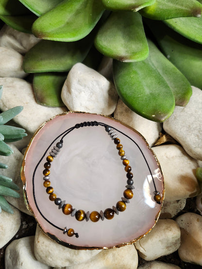 Bracelet ref 84 : Cordon réglable Œil de tigre, Hématite