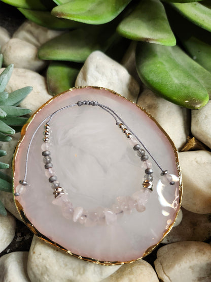 Bracelet ref 92 : Cordon réglable Quartz rose, Labradorite, Hématite