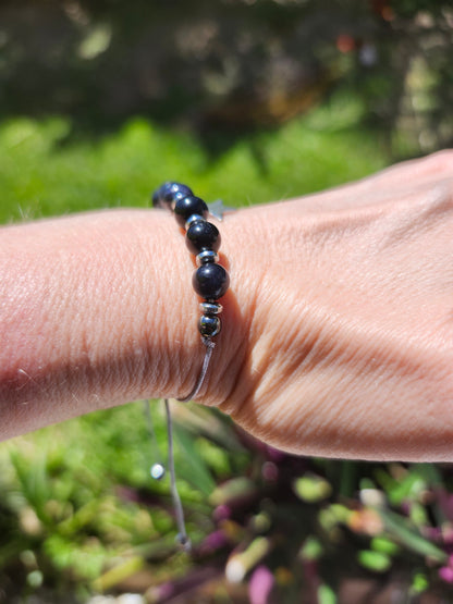 Bracelet réf. 26 : cordon réglable Œil de tigre bleu