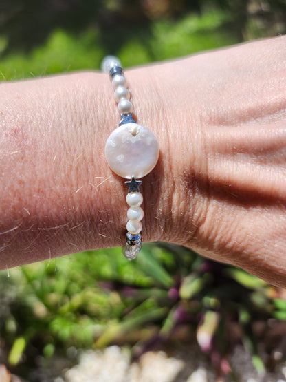 Bracelet réf. 6 : Pierres Quartz rose, Nacre et Cristal de roche