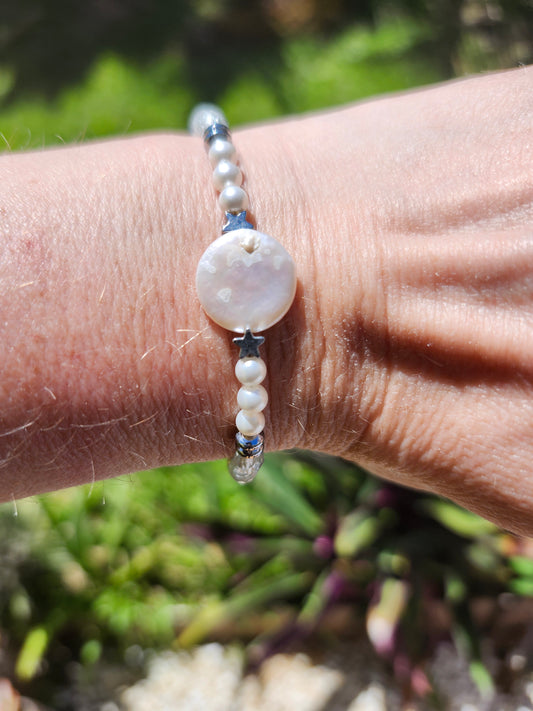 Bracelet réf. 6 : Pierres Quartz rose, Nacre et Cristal de roche