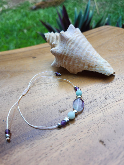 Bracelet réf. 17 : cordon réglable Fluorite, Amazonite et Améthyste