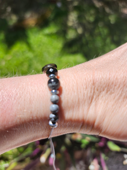 Bracelet réf. 28 : cordon réglable Obsidienne doré et Flocon neige
