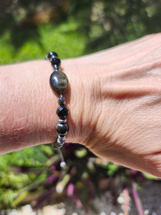 Bracelet réf. 28 : cordon réglable Obsidienne doré et Flocon neige