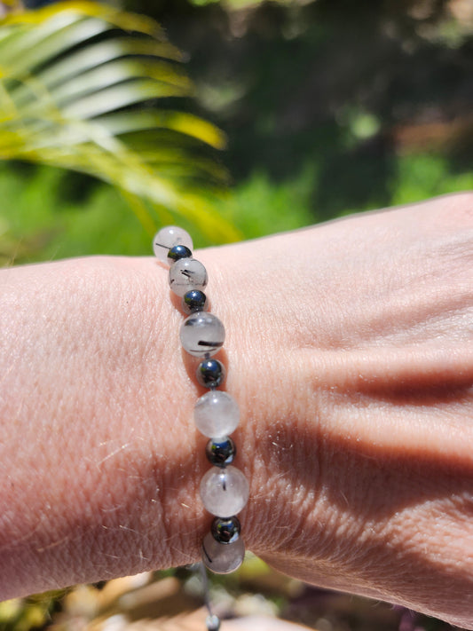 Bracelet réf. 25 : cordon réglable Tourmaline et Hématite