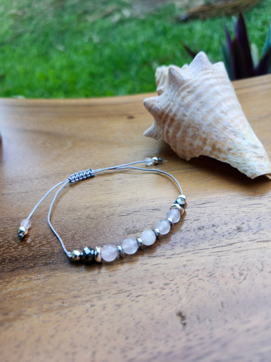 Bracelet réf. 9 : Cordon réglable Quartz rose et Silicium