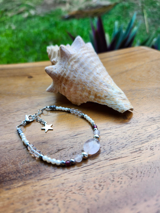 Bracelets réf. 2 : Pierres Cristal de roche, de Quartz rose et de Grenat